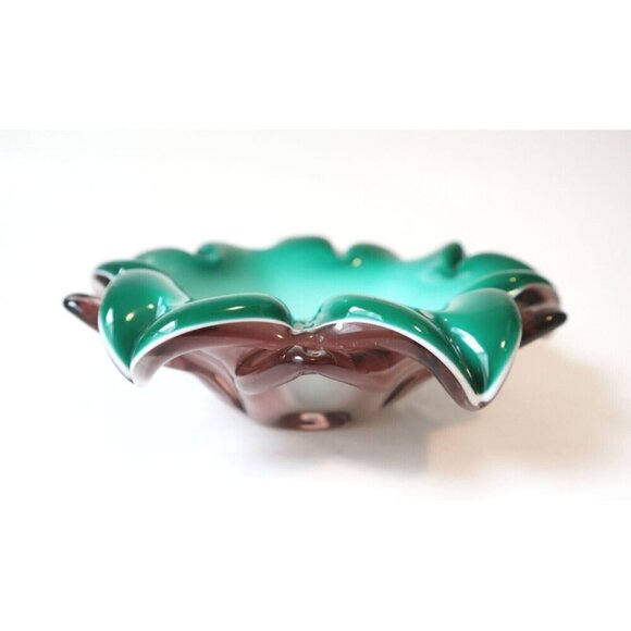 Murano Cased Glass Bowl Green White Ashtray Mid Century Art Glass - Picture 2 of 7